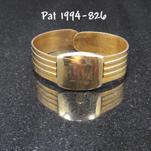 Vintage Jewelry - 1930s Hinged Brass Bracelet Engraved Monogram Patent Design Vintage Jewelry